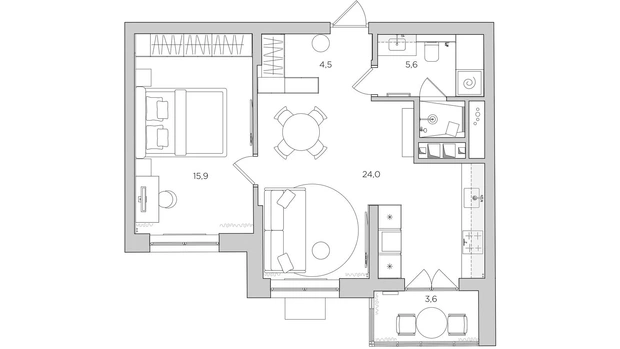 План квартиры 53 м² до и после. Проект студии Alexander Tischler.