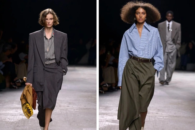 Фишка коллекции Bottega Veneta — ассиметричные брюки | Источник: bottegaveneta.com