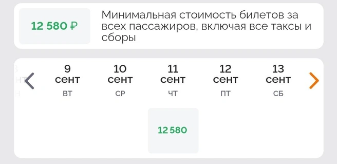 Если покупать билеты сейчас, то прямой перелет в сентябре обойдется в 12,5 тысячи рублей  | Источник: сайт авиакомпании «Азимут»