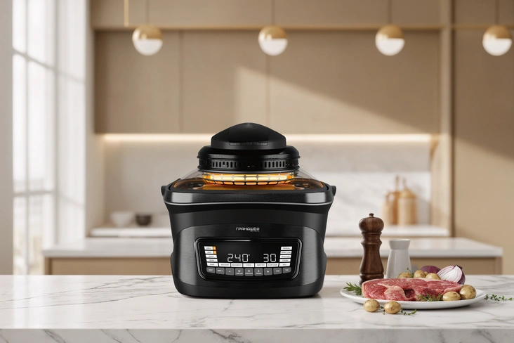 Аэрогриль Грандшеф Retaste 16‑в‑1Грандшеф Retaste — многофункциональный аэрогриль с чашей 8 л и мощностью 3100 Вт, который сочетает в себе до 16 функций: от духовки, гриля и фритюрницы до су-вида, пароварки и дегидратора. Двухконтурный нагрев (1800 Вт снизу и 1300 Вт сверху) и точная регулировка температуры от 25 до 250 °C с шагом 1 градус позволяют готовить быстрее классической духовки, контролировать прожарку стейков с термощупом и экспериментировать с ресторанными техниками при минимуме масла и грязной посуды.