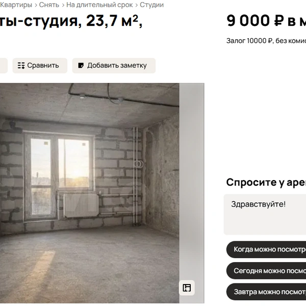 «Студия сдается в черновой отделке, что дает вам уникальную возможность реализовать свои дизайнерские идеи и создать пространство своей мечты»,&nbsp;— заманивают арендодатели. | Источник: скриншот