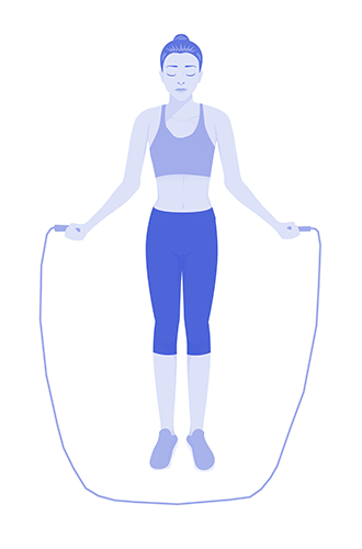 СкакалкаУчащает сердцебиение и сжигает огромное количество калорий. Занимаясь со скакалкой, держите локти максимально близко к телу. Начните с коротких и резвых прыжков, отводя на каждый подход по 60 секунды.