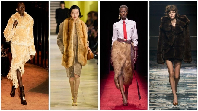 Меховая юбка в сочетании с приталенной рубашкой и галстуком выглядит забавно | Источник: Vogue.com