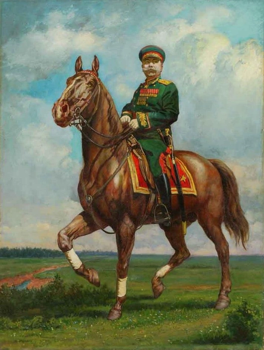 Яковлев В. Н. «Маршал С.&nbsp;М.&nbsp;Буденный на коне». Судя по мощному экстерьеру, верхом на помеси дончака с английской верховой чистокровной. Проще говоря, Буденный на буденновском | Источник: Центр образовательного туризма / Museum.timacad.ru