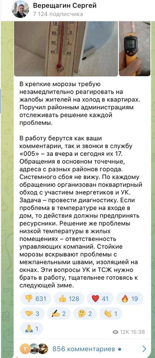 По состоянию на 28 января под постом — 856 комментариев. | Источник: Верещагин Сергей / Telegram