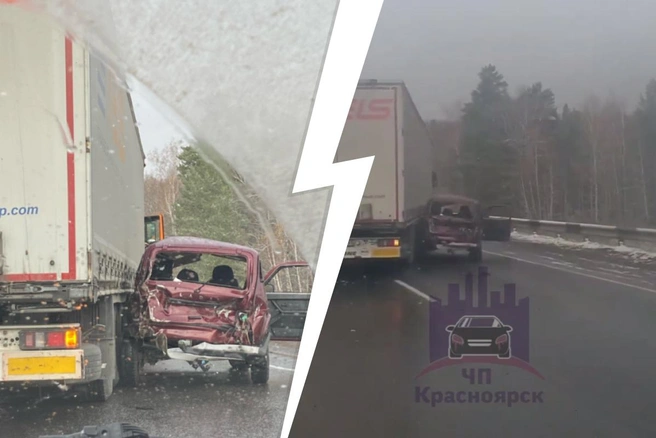 Ниву буквально смяло от столкновения | Источник: пользователь с ником Сергей Жданов / 2gis.ru, «ЧП Красноярск» / Telegram