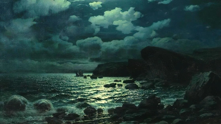Руфин Гаврилович Судковский (1850-1885), «Лунная ночь на море», 1879 г. Холст, масло, 84,5 х 149,1 см. | Источник: Рыбинский государственный историко-архитектурный и художественный музей-заповедник