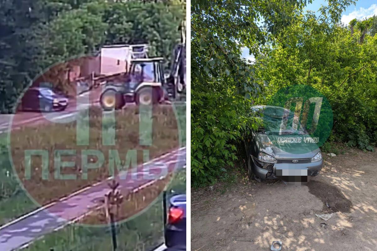 Ударил в лобовое со всей силы: в Перми бешеный трактор протаранил машину на парковке и разбил капот. Видео
