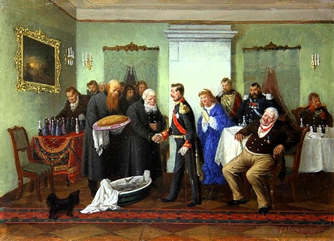 репродукция картины Л.&nbsp;И.&nbsp;Соломаткина «Именины начальства» (1867) | Источник: collectart.ru