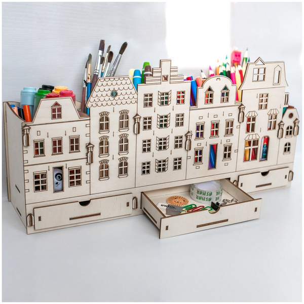 Органайзер канцелярский «Домики Амстердама» деревянный (фанера) подставка для карандашей и ручек