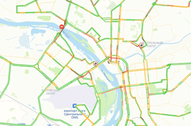 Главные улицы «горят» красным | Источник: ngs55.ru/maps-traffic
