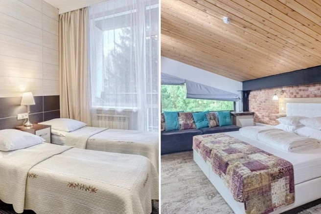 Слева двухместный стандарт, справа&nbsp;— номер высокой комфортности с панорамными окнами. Правда, интерьер, предупреждают на сайте санатория, может отличаться от фото | Источник: spsib.ru
