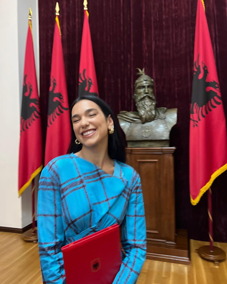 Дуа Липа получает албанское гражданство в клетчатом платье с асимметричным воротом