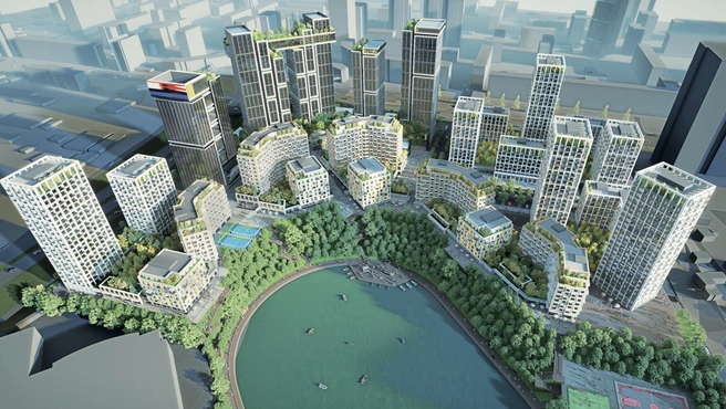 На пересечении Ипподромской магистрали и улицы Фрунзе должны появиться две башни. Соединит ли их мост&nbsp;— пока под вопросом | Источник: ГК «Брусника»