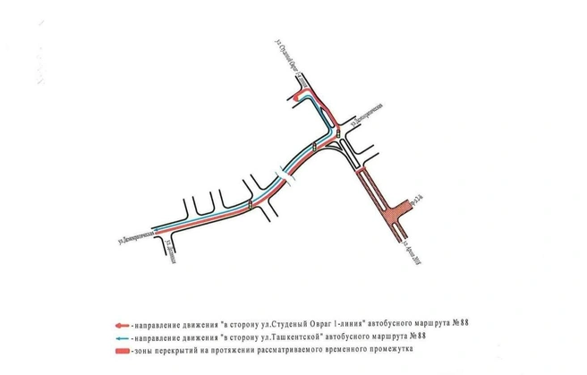 Схема движения автобуса № 88 по улице Студеный Овраг | Источник: Департамент транспорта Самары