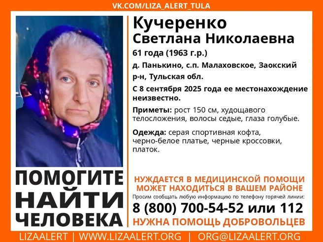 Ориентировка на пропавшего человека | Источник: Поисковый отряд «ЛизаАлерт» Тульской области / ВКонтакте