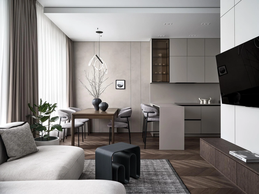 Инженерная доска, Lady-parket. Разделительный теневой профиль на стенах, Tenevoy. Столик, Eburet. Теневые потолки, ProektPro. Шторы, «АртСтайл». Ковер, Dovlet house. Декор, Izzi Decor. Стулья, DeepHouse. Кухонный гарнитур изготовлен на заказ в частной столярной мастерской. | Источник: Константин Пырьев. Стиль: Анастасия Пырьева