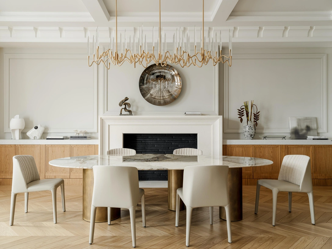 Стол на латунном основании, Cattelan. Стулья в кожаной обивке, Molteni&C. Встроенные низкие комоды-тумбы изготовлены по эскизам авторов проекта. Парящая люстра над столом, Italamp. Светильник на полке у камина, DCW editions. | Источник: Михаил Лоскутов; стиль: Юлия Карпухина