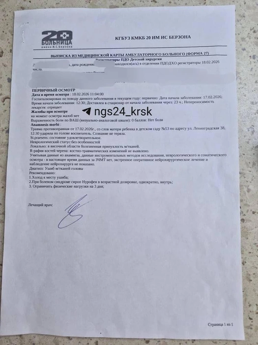 Справка из медучреждения, которую врач выдал маме после осмотра ребенка | Источник: читатель NGS24.RU