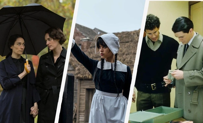 Составили подборку сериалов, которые идеально подойдут для осенних вечеров | Источник: Кадр из сериала «Дрянь» (18+), реж. Фиби Уоллер-Бридж, Amazon Prime Video (2016) / Кадр из сериала «Уэнсдэй» (16+), реж. Тим Бертон, Netflix (2022) / Кадр из сериала «Твин Пикс» (18+), реж. Дэвид Линч (1990)