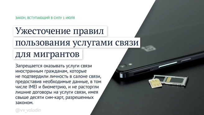 Мигранты, банковские счета, европротокол и мошенничество. Какие законы вступят в силу в июле | Источник: Вячеслав Володин / Telegram