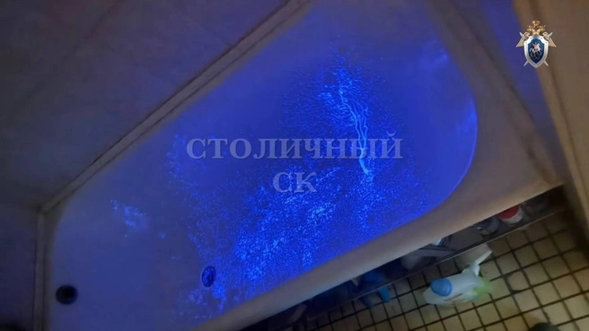 С помощью криминалистического света удалось обнаружить в ванной скрытые следы крови | Источник: Столичный СК / T.me