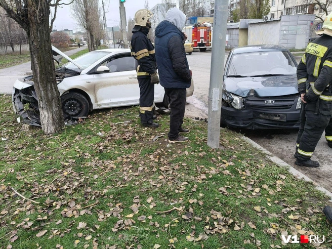 Сначала машины столкнулись друг с другом, а потом врезались в дерево и столб | Источник: читатель V1.RU