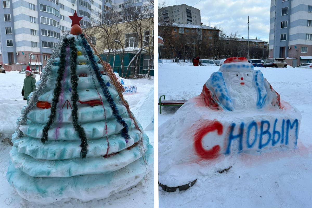 Житель Вторчермета превратил снежные завалы во дворе в ледовый городок - 2  января 2024 - Е1.ру