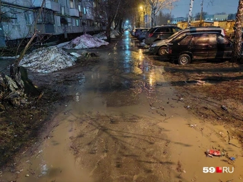 На неровном тротуаре мгновенно скапливается вода после дождя и таяния снега | Источник: Читатель 59.RU