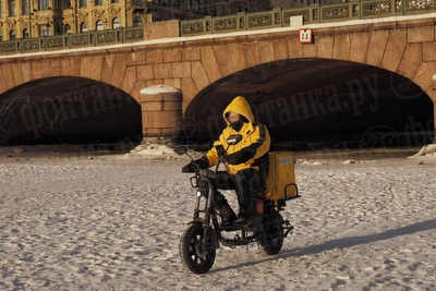 Курьер забуксовал на льду Фонтанки в Петербурге