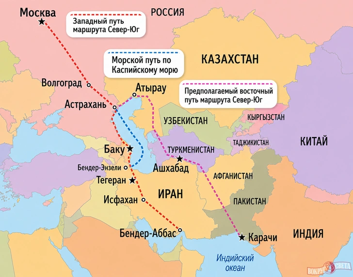 Международный транспортный коридор «Север–Юг» из России к Индийскому океану может пройти тремя путями: к востоку от Каспия, к западу от него или же водным путем, напрямую | Источник: Vokrugsveta.ru; по материалам инфографики телеграм-канала «Sputnik Ближнее зарубежье»