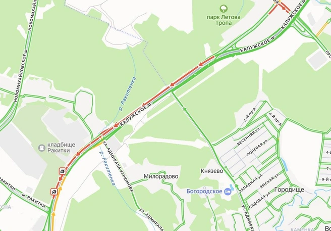 Из-за ДТП на Калужском шоссе образовали многокилометровая пробка | Источник: Яндекс. Карты 