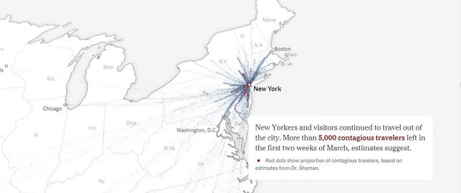 New York Times со ссылкой на данные университета Колумбии утверждает: если бы меры социального дистанцирования ввели в США на неделю раньше, в Нью-Йорке удалось бы избежать 22 тысяч смертей | Источник: скриншот с nytimes.com