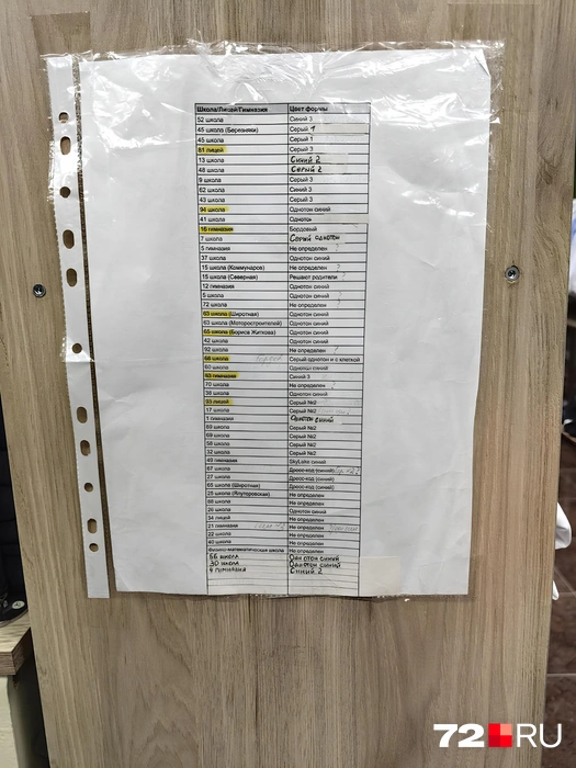 Здесь можно увидеть номер школы и оттенки утвержденной формы. А еще учебные заведения, которые сотрудничают с конкурентами. Например, напротив 67-й школы написано «Дресс-код», а не «Императрица», где сделано данное фото | Источник: Юлия Мальцева / 72.RU