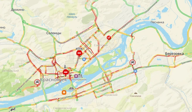 Девятибалльные пробки сковали Красноярск | Источник: 2gis.ru