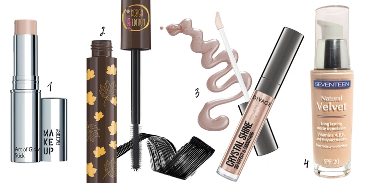 1. Хайлайтер для лица Art of Glow Stick, № 10, Make up Factory;2. Тушь, Fall Back To Nature, I love Extreme Crazy Volume, Essence;3. Блеск для губ CRYSTAL SHINE, № 2, Divage;4. Тональный крем Natural Velvet Longlasting Matte, № 3, Seventeen  | Источник: Архивы пресс-служб