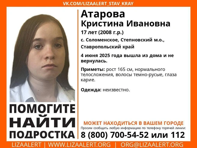 17-летнюю девочку разыскивают на Ставрополье | Источник: ЛизаАлерт