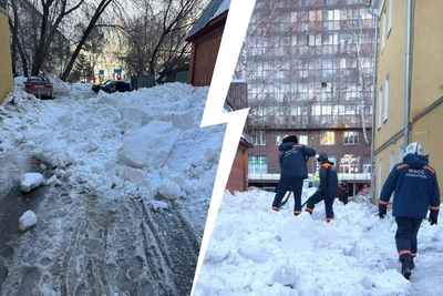 Снежная глыба рухнула с крыши в центре Новосибирска