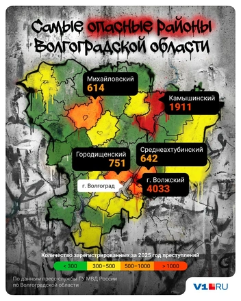 Распределение общей преступности по Волгоградской области в 2025 году | Источник: Полина Авдошина / Городские медиа
