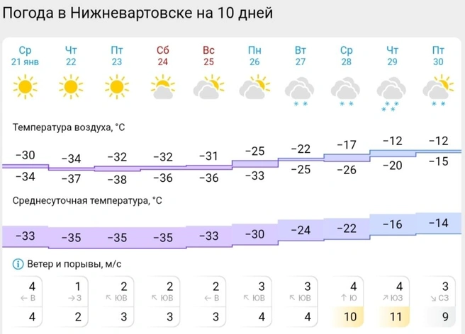Прогноз погоды в Нижневартовске  | Источник: Gismeteo 