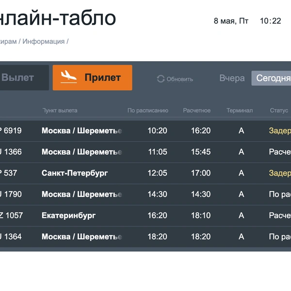 Прилет | Источник: Онлайн-табло аэропорта Ставрополя