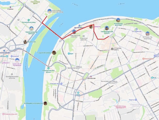 Карта с маршрутом крестного хода от Кремля до собора Александра Невского. | Источник: «Яндекс. Карты»