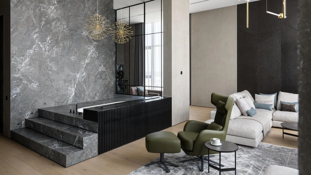 Квартира 135 м² с открытой планировкой и ванной в гостиной