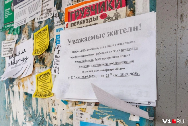 Предупреждения об отключении заботливо расклеены на дверях подъездов | Источник: Алексей Волхонский / V1.RU