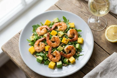 Тропический салат с креветками готовится за 15 минут