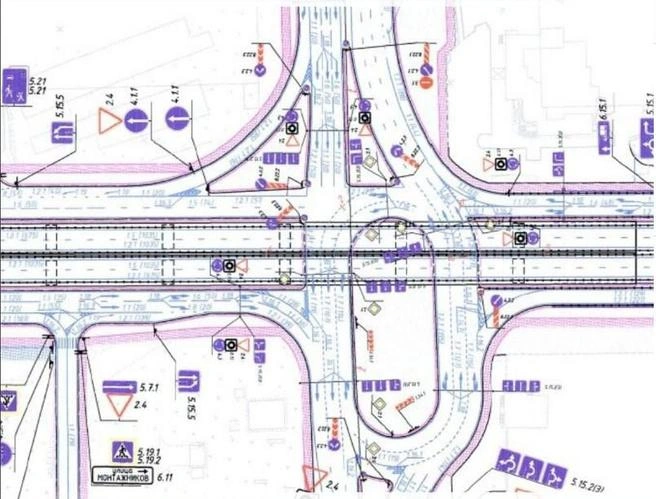 Перекресток будет на разных уровнях и с кольцом. По горизонтали на схеме — улица Монтажников, а по вертикали — Широтная. Таким его видят специалисты из ТИУ, которым принадлежит проект. Такие развязки есть только в Америке — и они сложнее | Источник: Тюменская городская дума