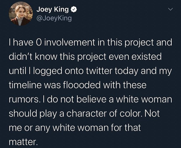 Джои Кинг ответила на слухи о своем участии в экранизации мультсериала «Аватар: Легенда об Аанге»