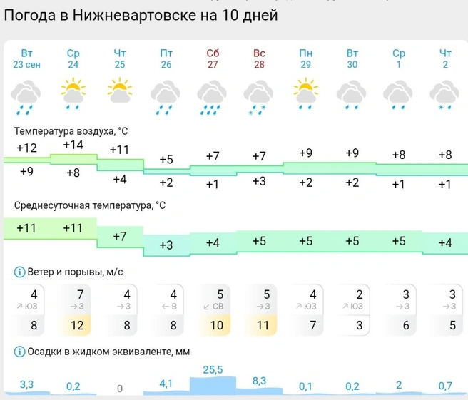 Первый снег в Нижневартовске, по прогнозу Gismeteo, ожидается в воскресенье  | Источник: Gismeteo 
