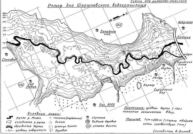 А вот наложение русла реки Миасс на контуры нынешнего водохранилища. Интересно, кстати, что в месте нынешней плотины русло раздваивалось, и современный водосброс находится в районе правого рукава | Источник: В. Волков