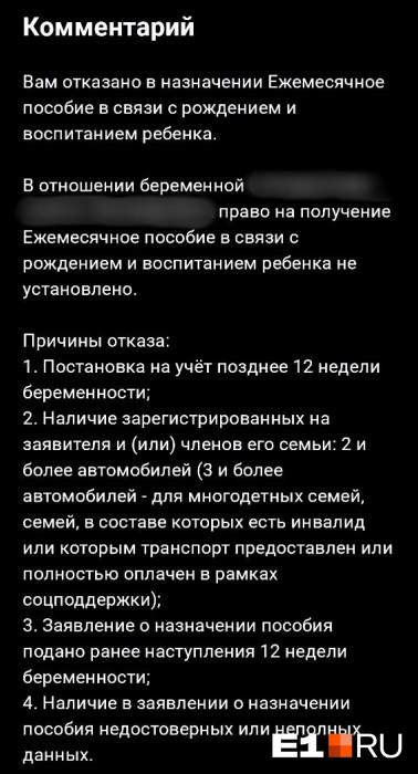 Изначально девушке не объяснили, по какой именно из этих четырех причин ей было отказано в пособиях | Источник: читательница E1.RU Валерия